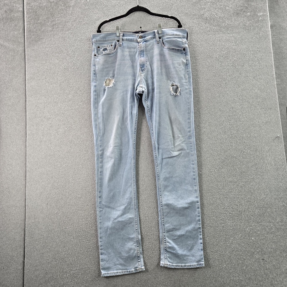 Hollister Men Jeans 34X34 Light Blue Denim Straight Distressed 33" Inseam Logo